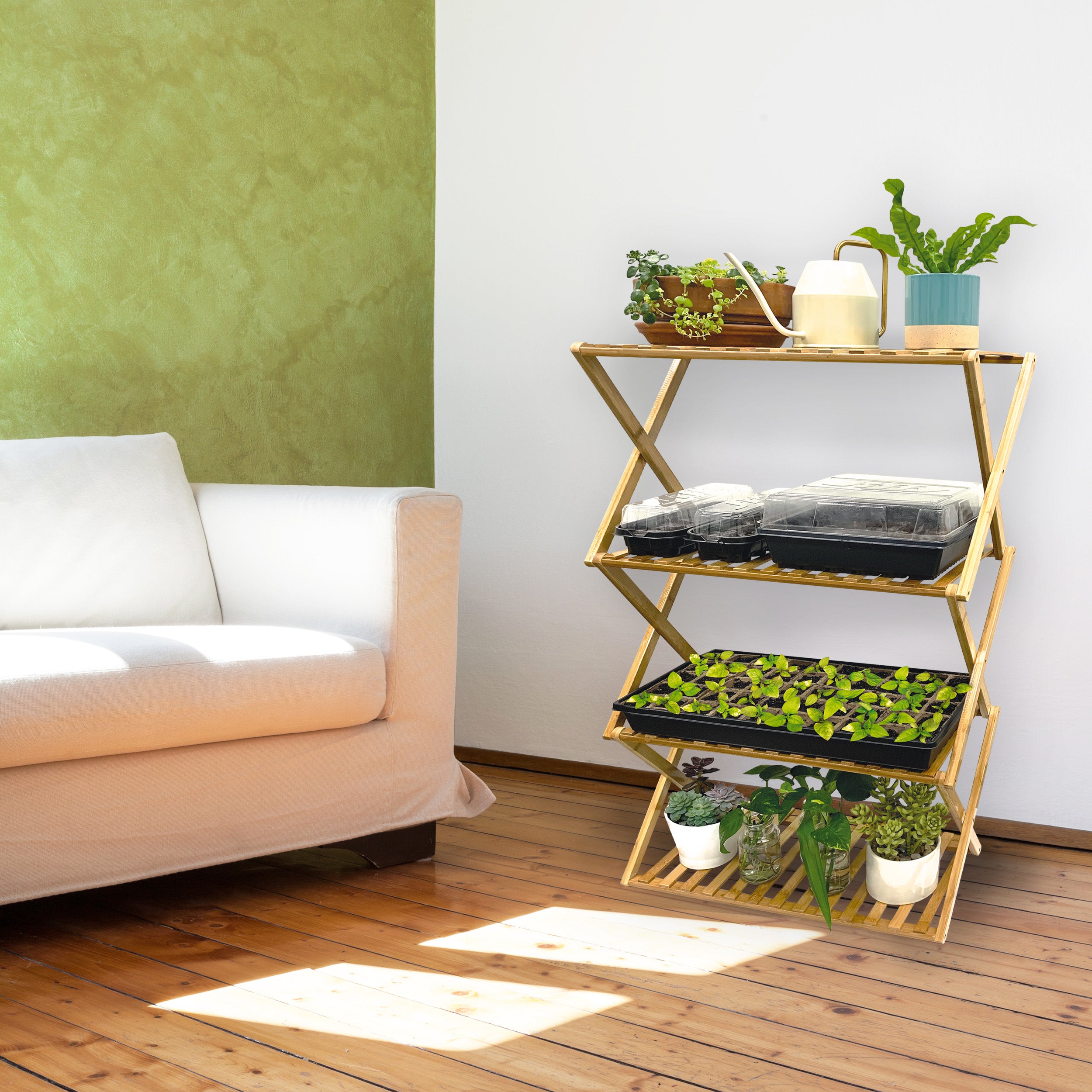 A multi-tiered indoor plant stand made of bamboo in room